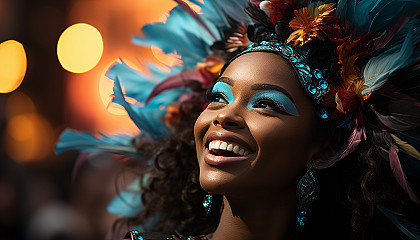 Vibrant carnival in Rio de Janeiro, with dancers in colorful costumes, elaborate floats, and a crowd of festive spectators.