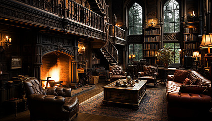 Grand library in a medieval castle, towering bookshelves, ancient tomes, stained glass windows, and a large fireplace.