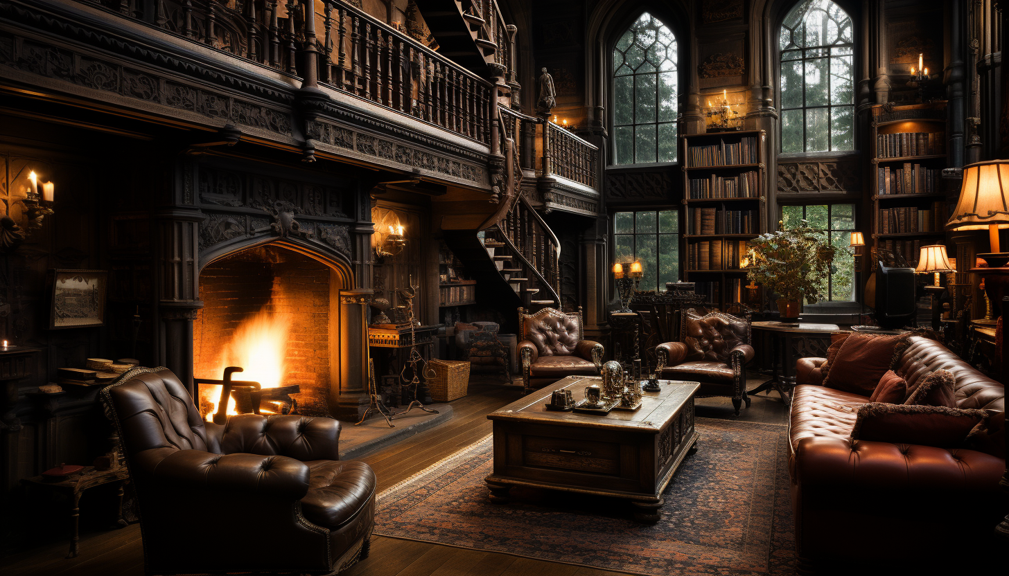 Grand library in a medieval castle, towering bookshelves, ancient tomes, stained glass windows, and a large fireplace.