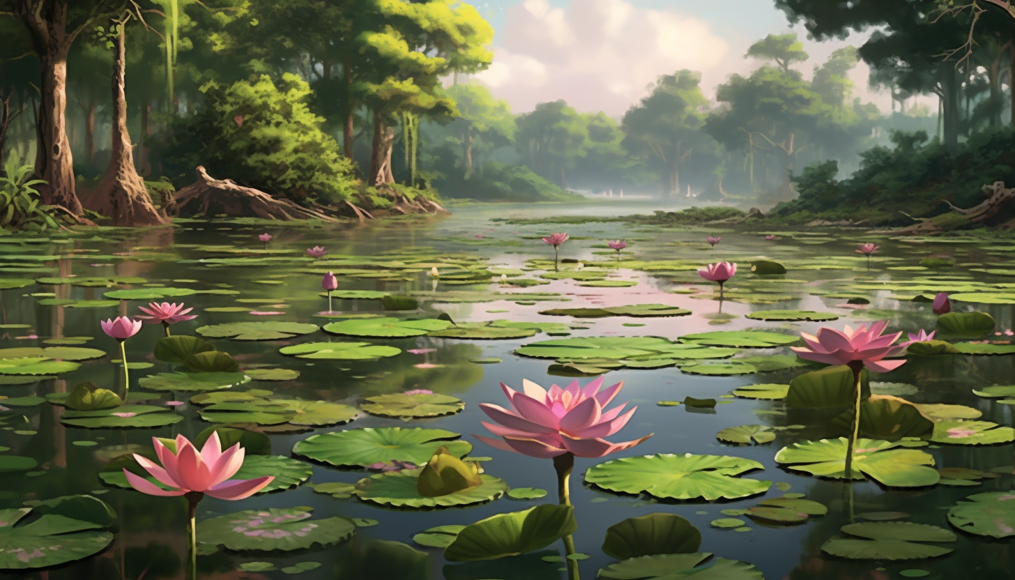 A tranquil pond filled with lotus flowers in full bloom.