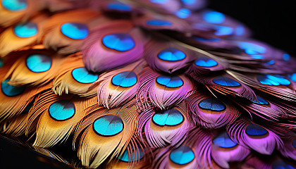 A magnified view of the iridescent scales on a peacock feather.