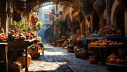 Traditional Moroccan market, vibrant tapestries, lanterns, spices, bustling crowds, and an ornate Moorish archway.