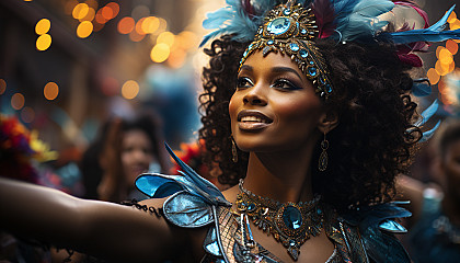 Vibrant carnival in Rio de Janeiro, with dancers in colorful costumes, elaborate floats, and a crowd of festive spectators.