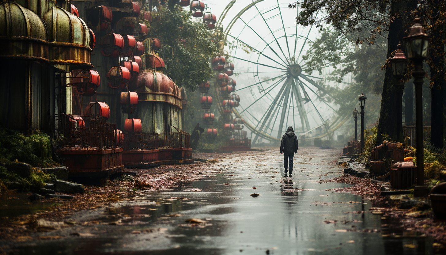 Abandoned amusement park overtaken by nature, with a rusting Ferris wheel, overgrown roller coaster tracks, and a misty, mysterious atmosphere.