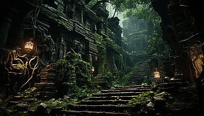 Abandoned ancient temple in the jungle, overgrown with vines, mysterious statues, and a hidden treasure chest.