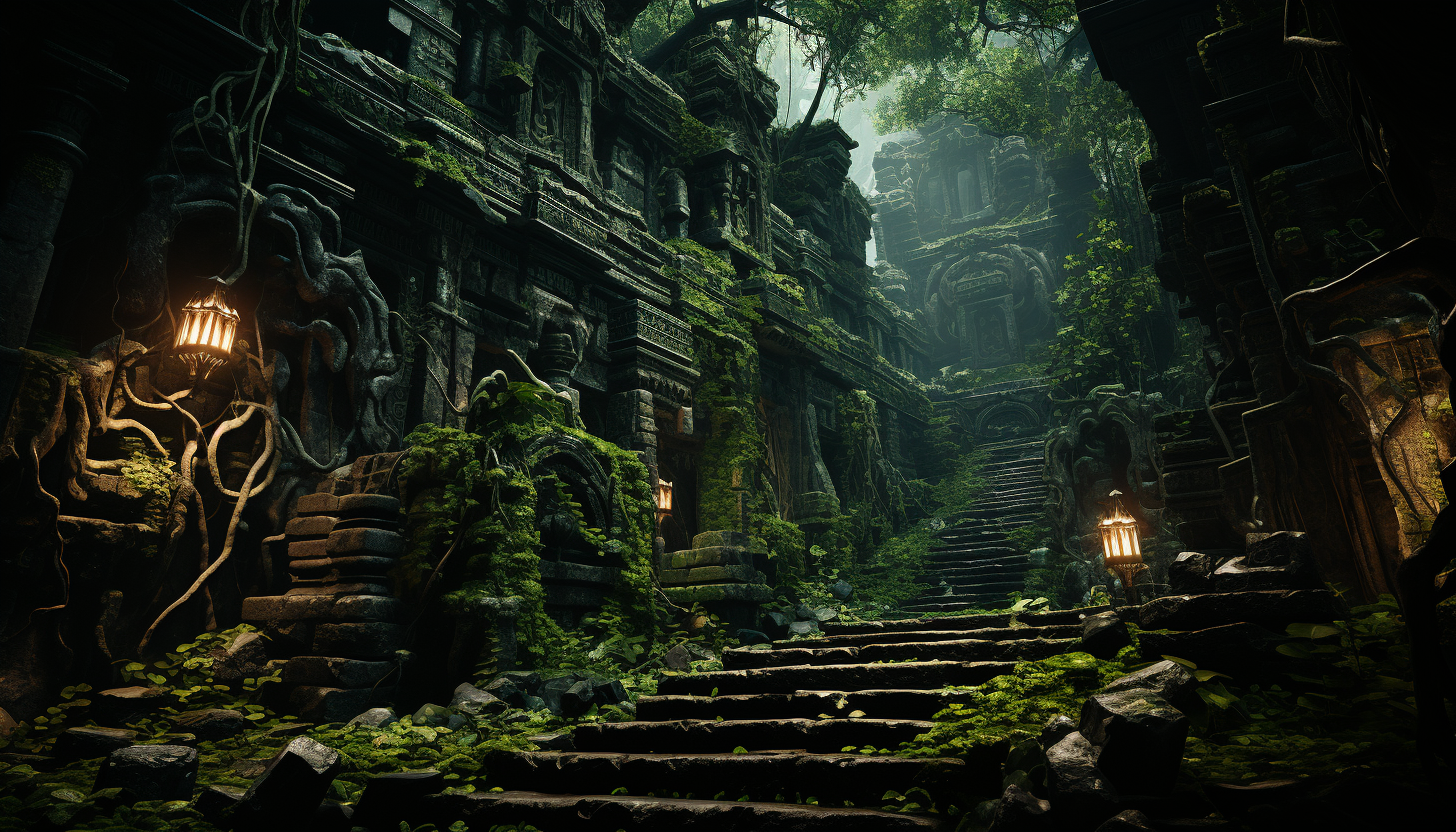 Abandoned ancient temple in the jungle, overgrown with vines, mysterious statues, and a hidden treasure chest.