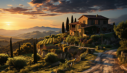 Lush vineyard landscape in Tuscany, rolling hills, rows of grapevines, a rustic farmhouse, and a setting sun casting golden hues.