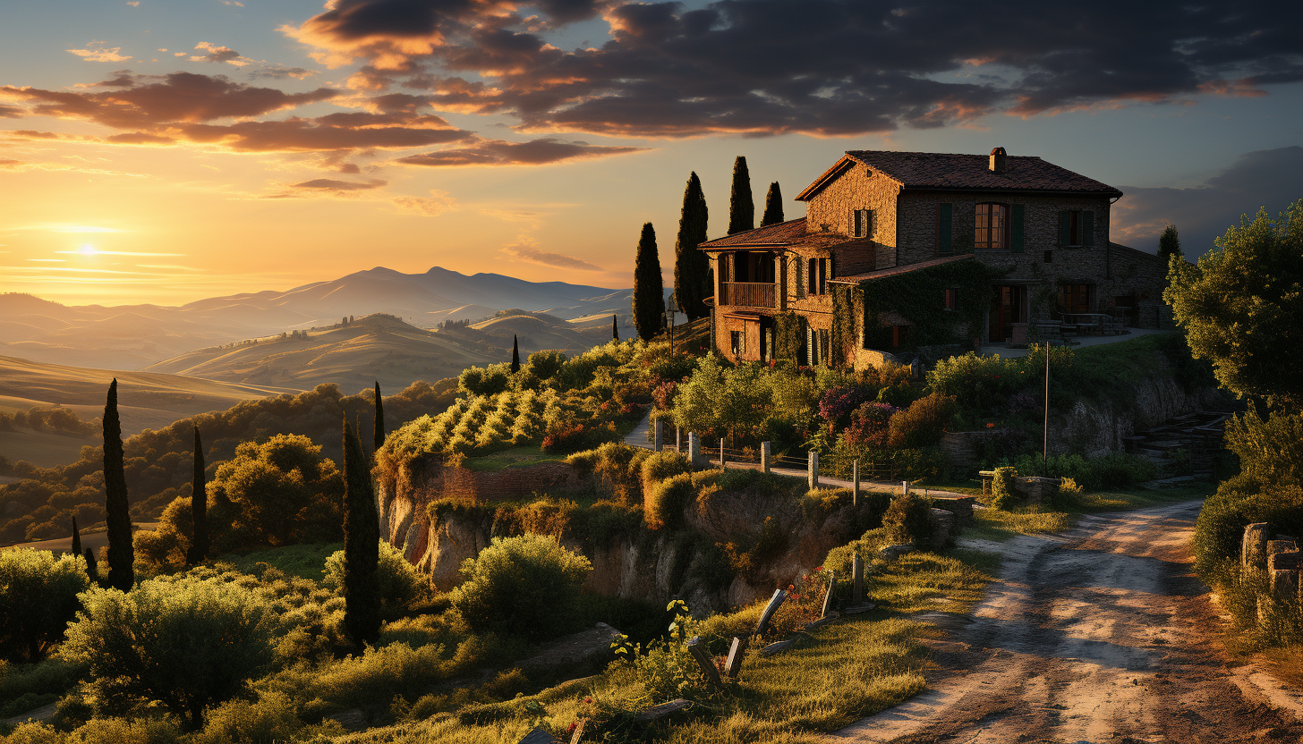 Lush vineyard landscape in Tuscany, rolling hills, rows of grapevines, a rustic farmhouse, and a setting sun casting golden hues.