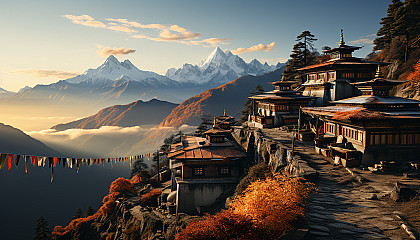 Peaceful monastery in the Himalayas, with monks meditating, prayer flags fluttering, and a panoramic mountain view.