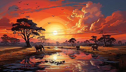 Sunset over an African savanna, with silhouettes of elephants and acacia trees, a warm orange sky, and distant mountains.