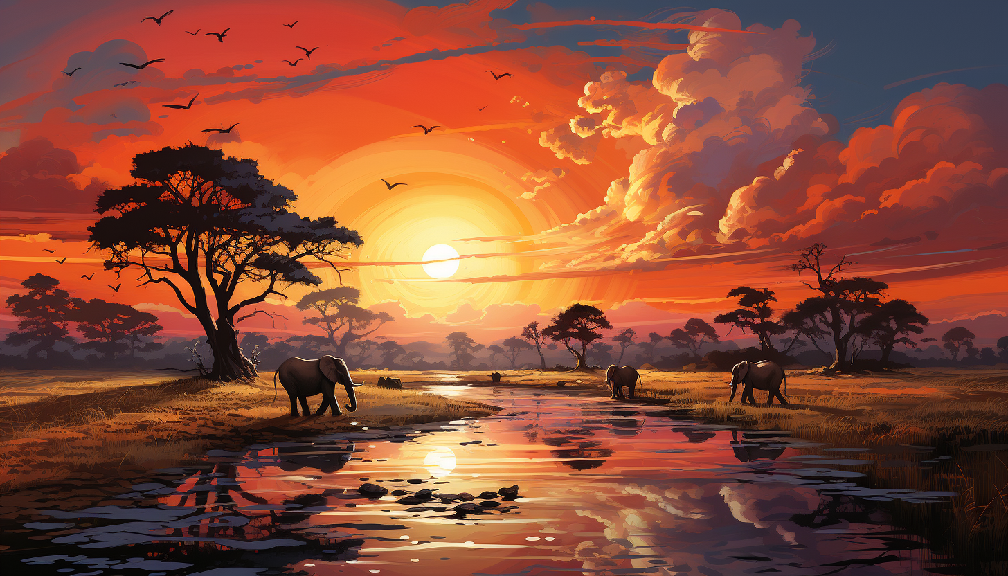 Sunset over an African savanna, with silhouettes of elephants and acacia trees, a warm orange sky, and distant mountains.