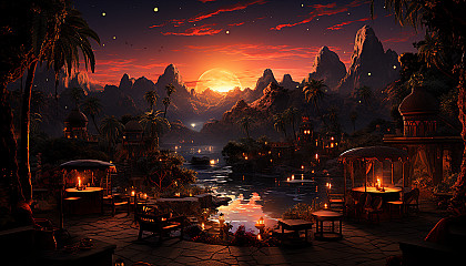 Mystical desert oasis at twilight, with a tranquil pool, palm trees, camels resting, and a caravan of travelers under a star-filled sky.