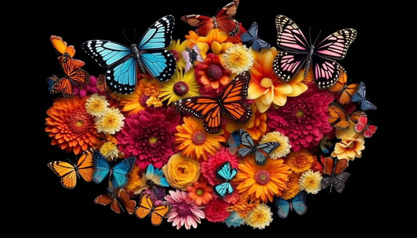 A swarm of colorful butterflies around a blooming flower.