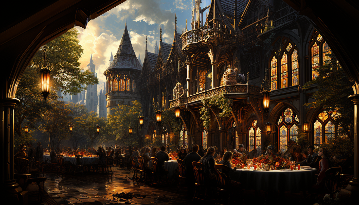 Grand medieval banquet hall, with a royal feast, ornate tapestries, knights, and minstrels in a castle setting.