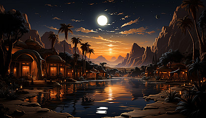 Mystical desert oasis at night, featuring a tranquil pool, palm trees, a bedouin tent, under a sky full of stars and a crescent moon.