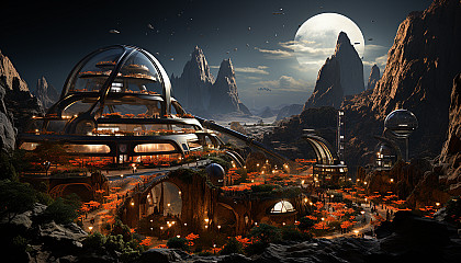 Futuristic Martian colony, with domed habitats, rovers navigating rocky terrain, Earth visible in the sky, and astronauts conducting research.