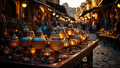 Traditional Moroccan market, colorful textiles, intricate lanterns, bustling crowds, and the aroma of spices and street food.