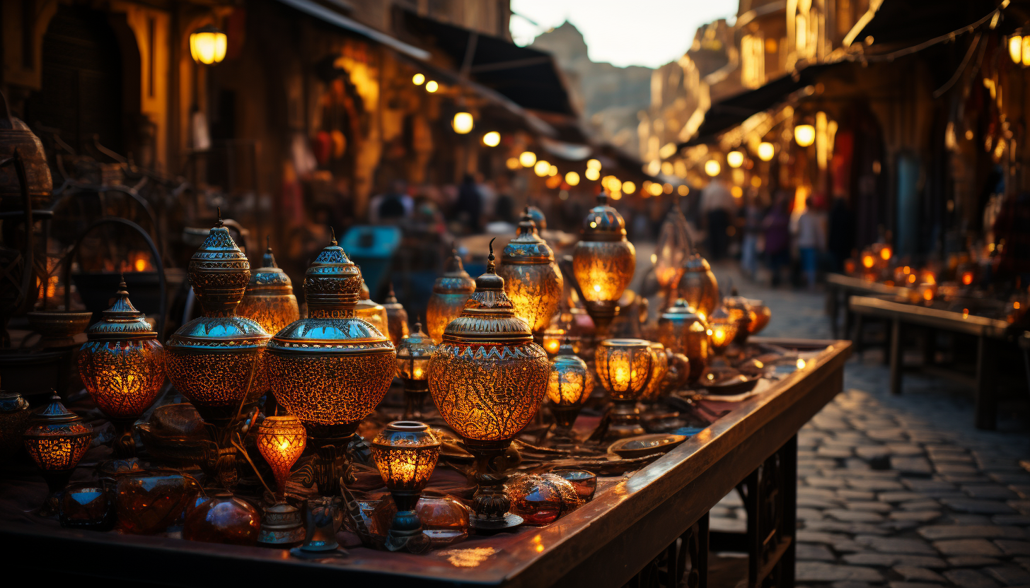 Traditional Moroccan market, colorful textiles, intricate lanterns, bustling crowds, and the aroma of spices and street food.