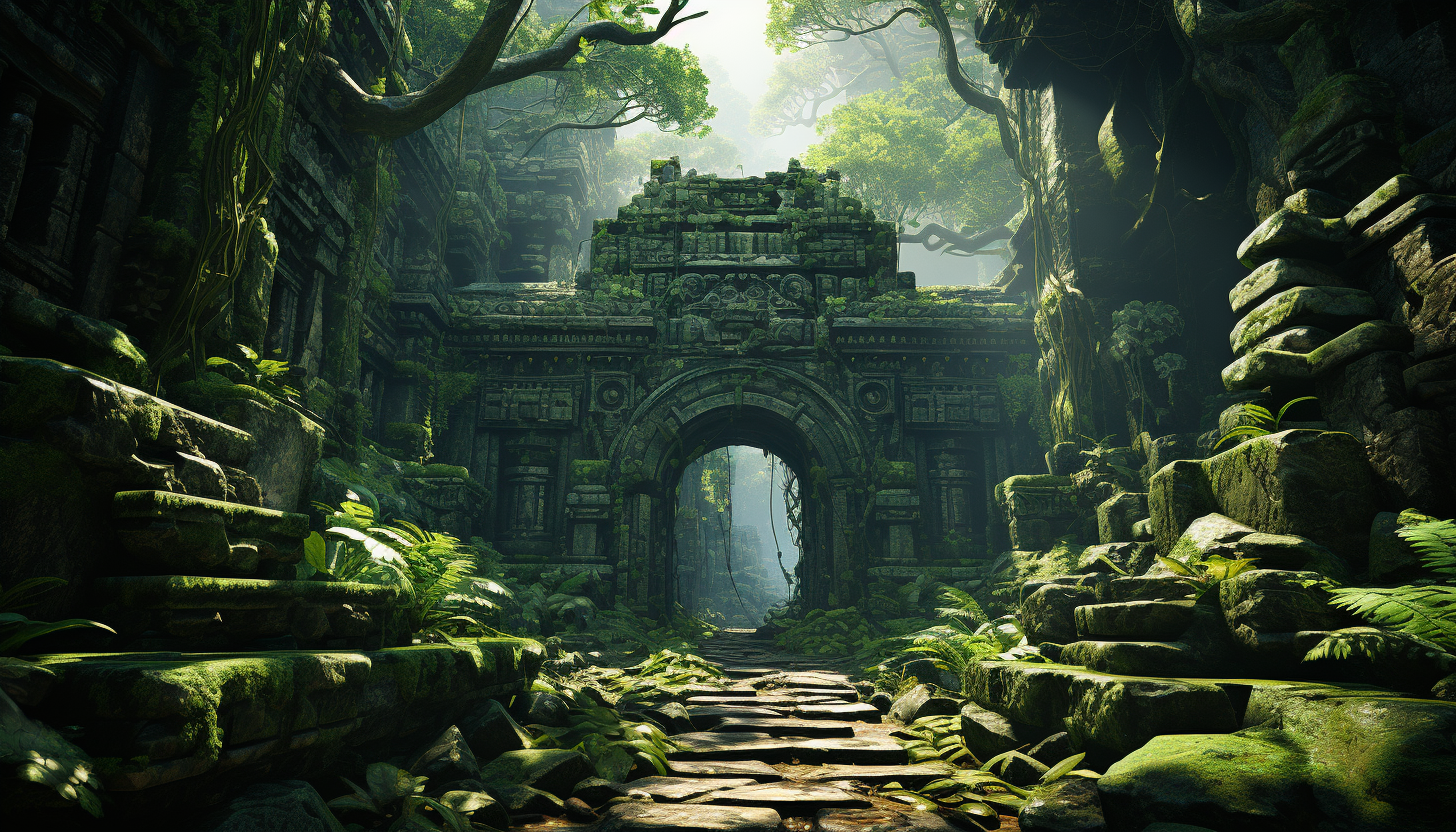 An ancient temple hidden in a lush jungle, with mysterious carvings, overgrown foliage, and a sense of forgotten history.