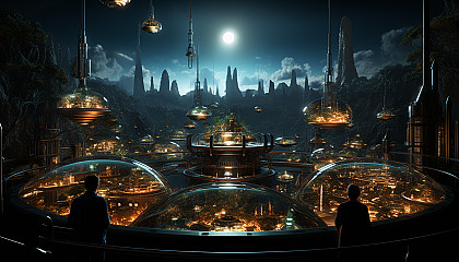 Futuristic laboratory with holograms, advanced computers, scientists in high-tech gear, and a view of a distant planet through large windows.