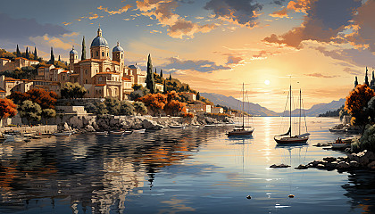 Mediterranean coastal village at sunset, with white-washed houses, blue-domed churches, terracotta rooftops, and sailboats in the harbor.