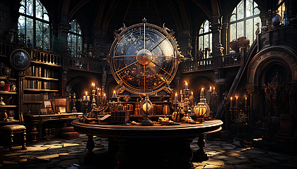 Ancient library filled with towering bookshelves, secret passages, antique globes, and a large, ornate window casting sunlight on the dusty tomes.