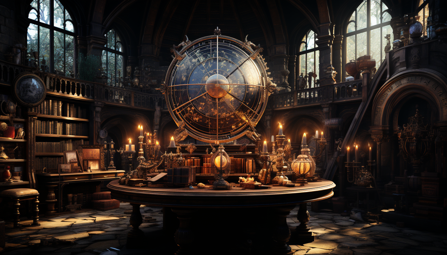 Ancient library filled with towering bookshelves, secret passages, antique globes, and a large, ornate window casting sunlight on the dusty tomes.