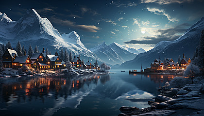 Traditional Scandinavian village during winter, with snow-covered cottages, a frozen lake for ice skating, and Northern Lights in the sky.