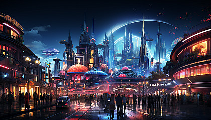 Futuristic cyberpunk street scene, neon-lit skyscrapers, bustling night market, holographic signs, and diverse cybernetic characters.