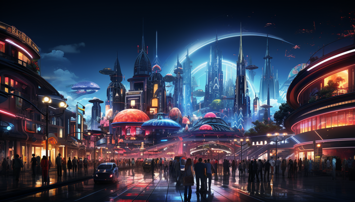 Futuristic cyberpunk street scene, neon-lit skyscrapers, bustling night market, holographic signs, and diverse cybernetic characters.