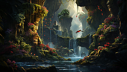 Lush tropical rainforest waterfall, with colorful birds, dense greenery, and a hidden cave behind cascading water.