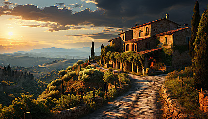 Lush vineyard landscape in Tuscany, rolling hills, rows of grapevines, a rustic farmhouse, and a setting sun casting golden hues.
