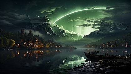 A mystical Viking village during the Northern Lights, with longboats, timber houses, and warriors gathered around a roaring bonfire.