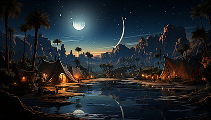 Mystical desert oasis at night, featuring a tranquil pool, palm trees, a bedouin tent, under a sky full of stars and a crescent moon.