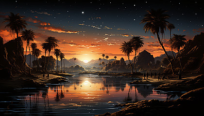 Desert oasis at twilight, with a tranquil pond, palm trees, a group of camels resting, and a star-filled sky above ancient sand dunes.