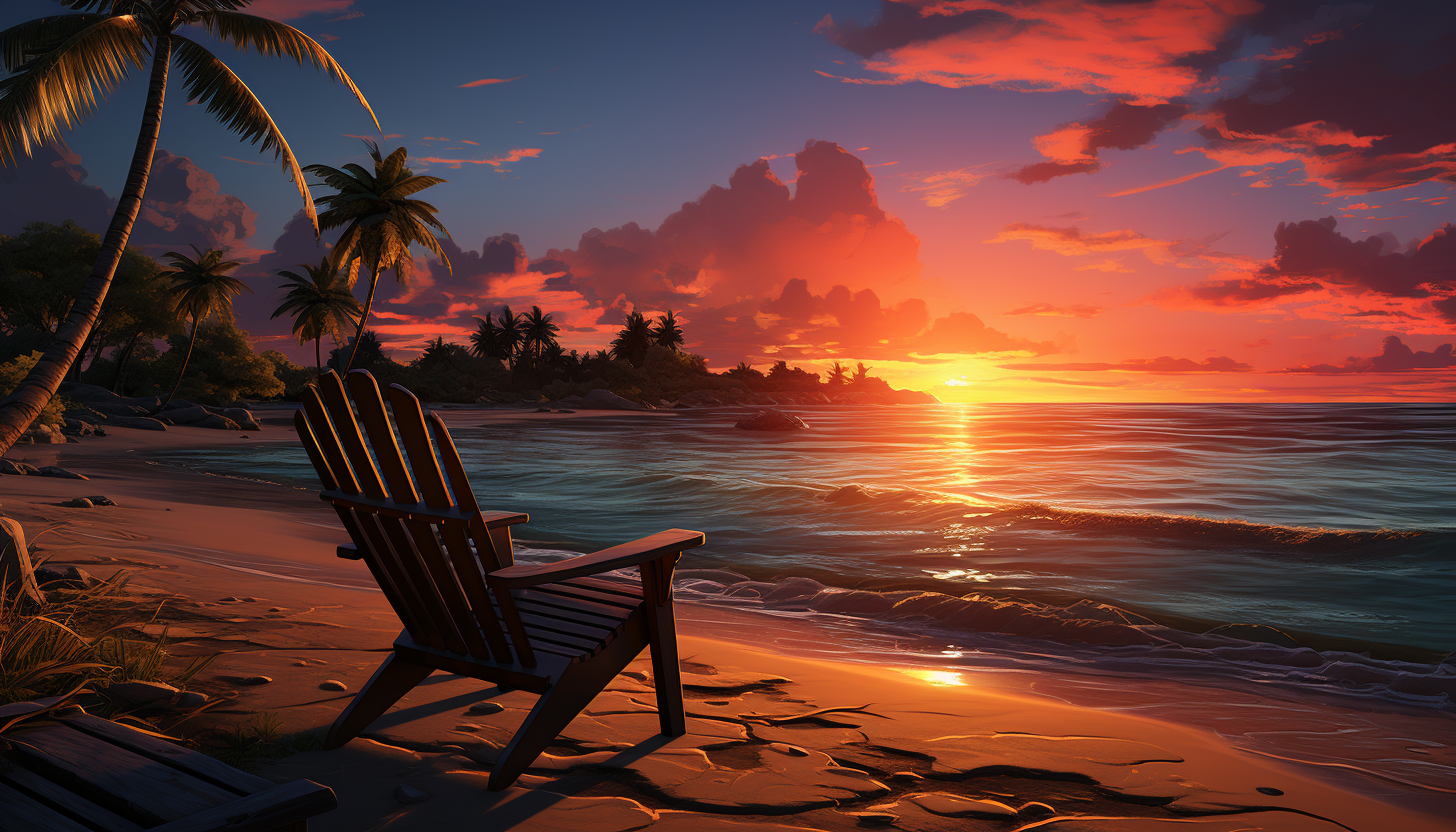 Tranquil beach at dawn, with soft waves, a hammock between palm trees, a surfboard in the sand, and a seagull flying overhead.