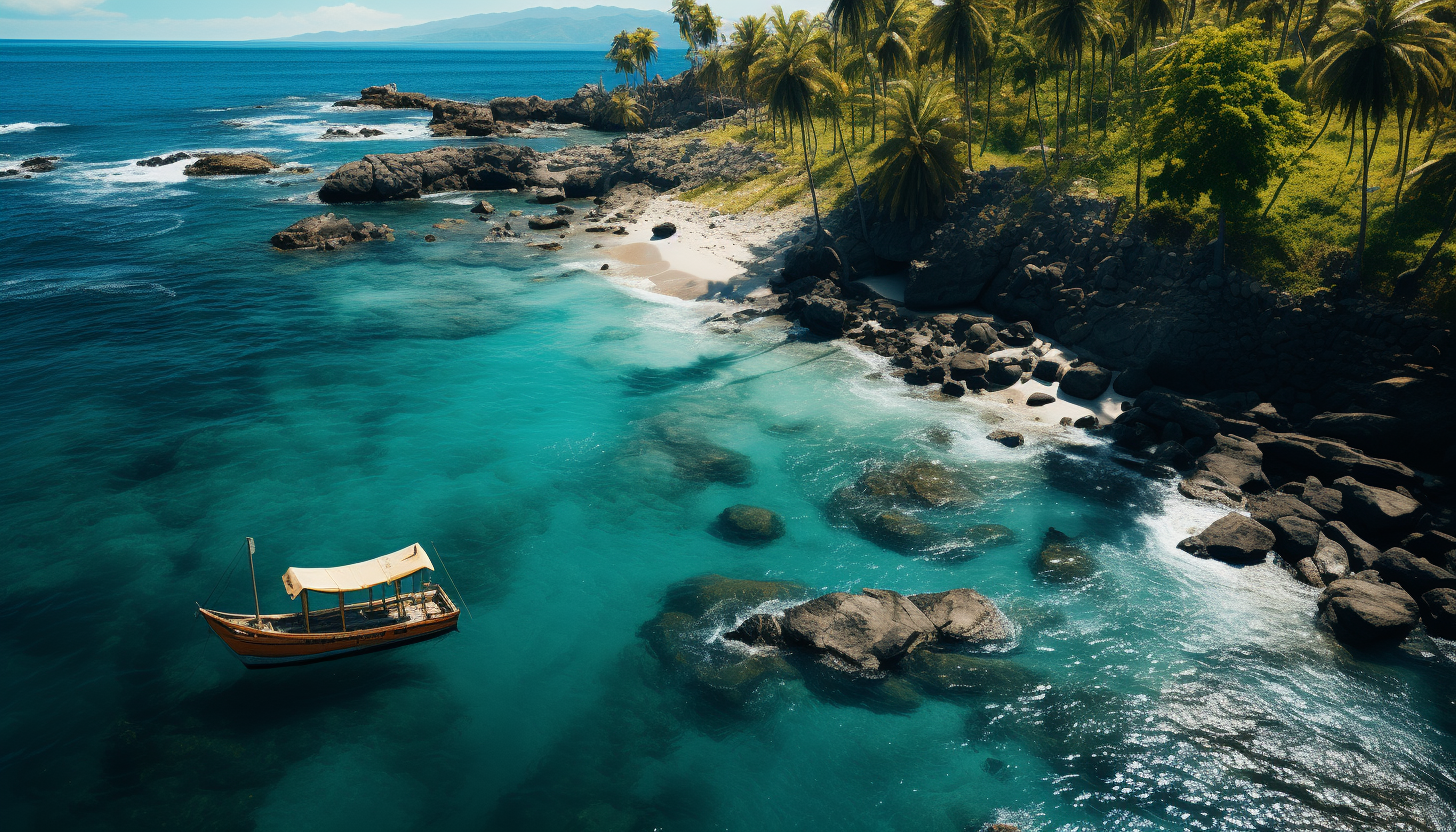 Lush tropical island from above, showing clear blue waters, white sandy beaches, a coral reef, and a lone sailboat.