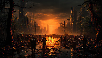 Post-apocalyptic urban landscape, with nature reclaiming skyscrapers, deserted streets, and a group of survivors exploring the ruins.