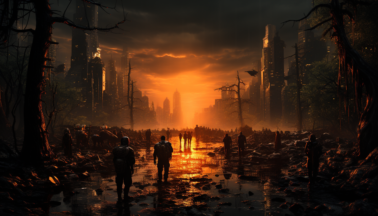 Post-apocalyptic urban landscape, with nature reclaiming skyscrapers, deserted streets, and a group of survivors exploring the ruins.