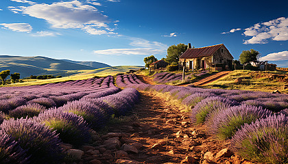 Lavender fields in Provence, with rows of purple flowers, a quaint farmhouse, and distant mountains under a clear blue sky.