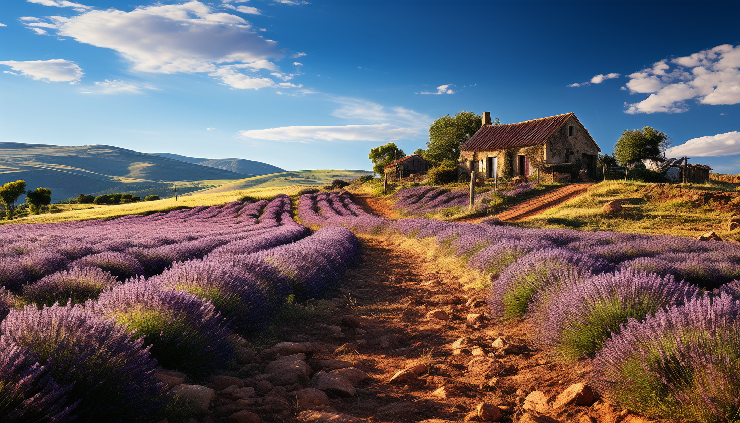 Lavender fields in Provence, with rows of purple flowers, a quaint farmhouse, and distant mountains under a clear blue sky.