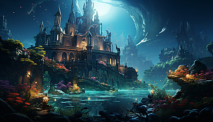 Undersea kingdom with mermaids, coral palaces, underwater flora, schools of luminous fish, and a sunken treasure chest.