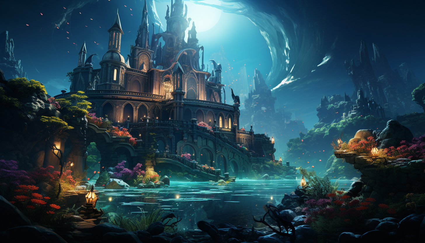 Undersea kingdom with mermaids, coral palaces, underwater flora, schools of luminous fish, and a sunken treasure chest.