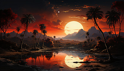 Desert oasis at sunset, with palm trees, a tranquil pond, camels resting, and the silhouettes of distant dunes against a fiery sky.