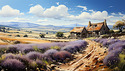 Lavender fields in Provence with a rustic farmhouse, rows of purple flowers, and distant mountains under a sunny sky.