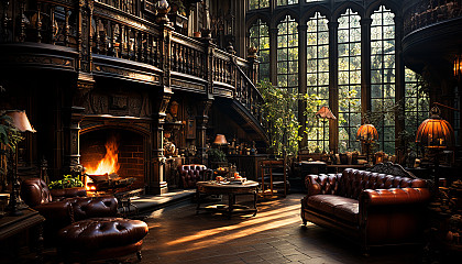 An old library with towering bookshelves, antique books, a globe, and a grand fireplace, with light streaming through stained glass windows.