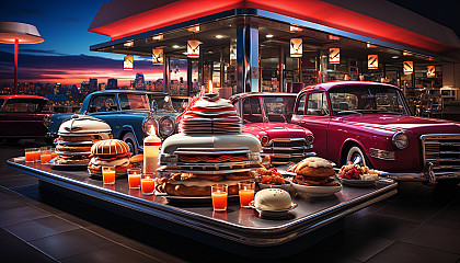 Classic American diner on Route 66 at twilight, with vintage cars parked outside, neon signs, and customers enjoying milkshakes at the counter.