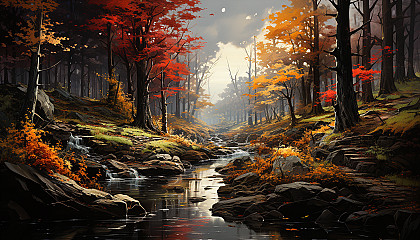 Autumn forest trail, leaves in shades of red and gold, a gentle stream, and wildlife like deer and foxes visible in the distance.