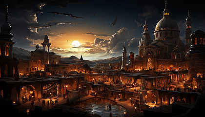 Traditional Arabian bazaar at dusk, with spice stalls, flying carpets, oil lamps, and a bustling crowd in a desert city.