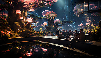 Futuristic urban park with bioluminescent plants, interactive light installations, and people relaxing in high-tech lounge areas.